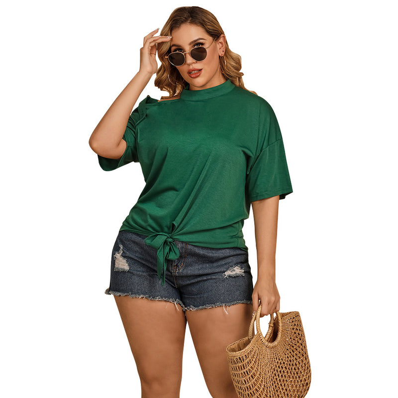 Plus Size Women Clothing Summer Shoulder Strap Decorative Solid Color Top Bow Long Sleeve Oblique Shoulder T-shirt