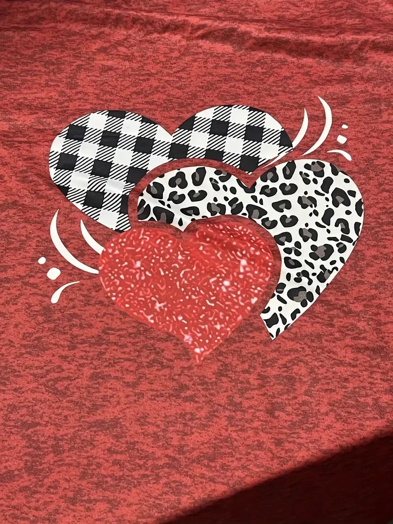 2024 Plus Size Plaid Heart Print T-Shirt Casual Short Sleeve Top For Spring & Summer Women's Plus Size Clothing