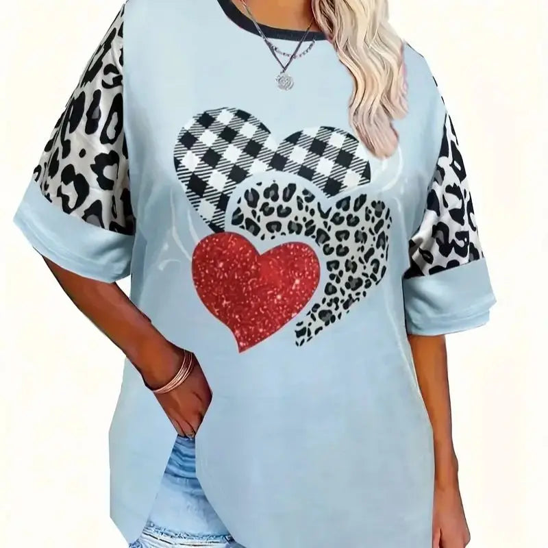 2024 Plus Size Plaid Heart Print T-Shirt Casual Short Sleeve Top For Spring & Summer Women's Plus Size Clothing