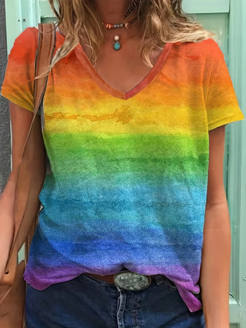2024 New Style Women Rainbow Print Women's T-Shirt Cat Graphic Oversized T-Shirt Top Women Clothing Design Plus Size V Neck Tee