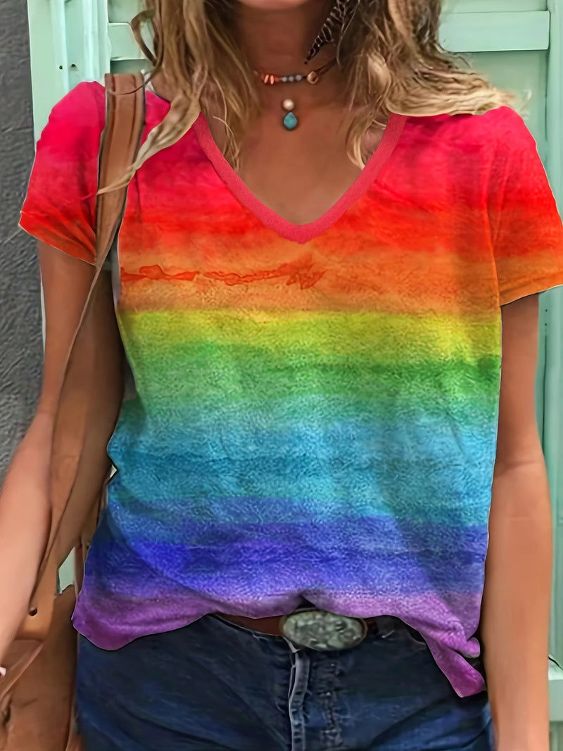 2024 New Style Women Rainbow Print Women's T-Shirt Cat Graphic Oversized T-Shirt Top Women Clothing Design Plus Size V Neck Tee