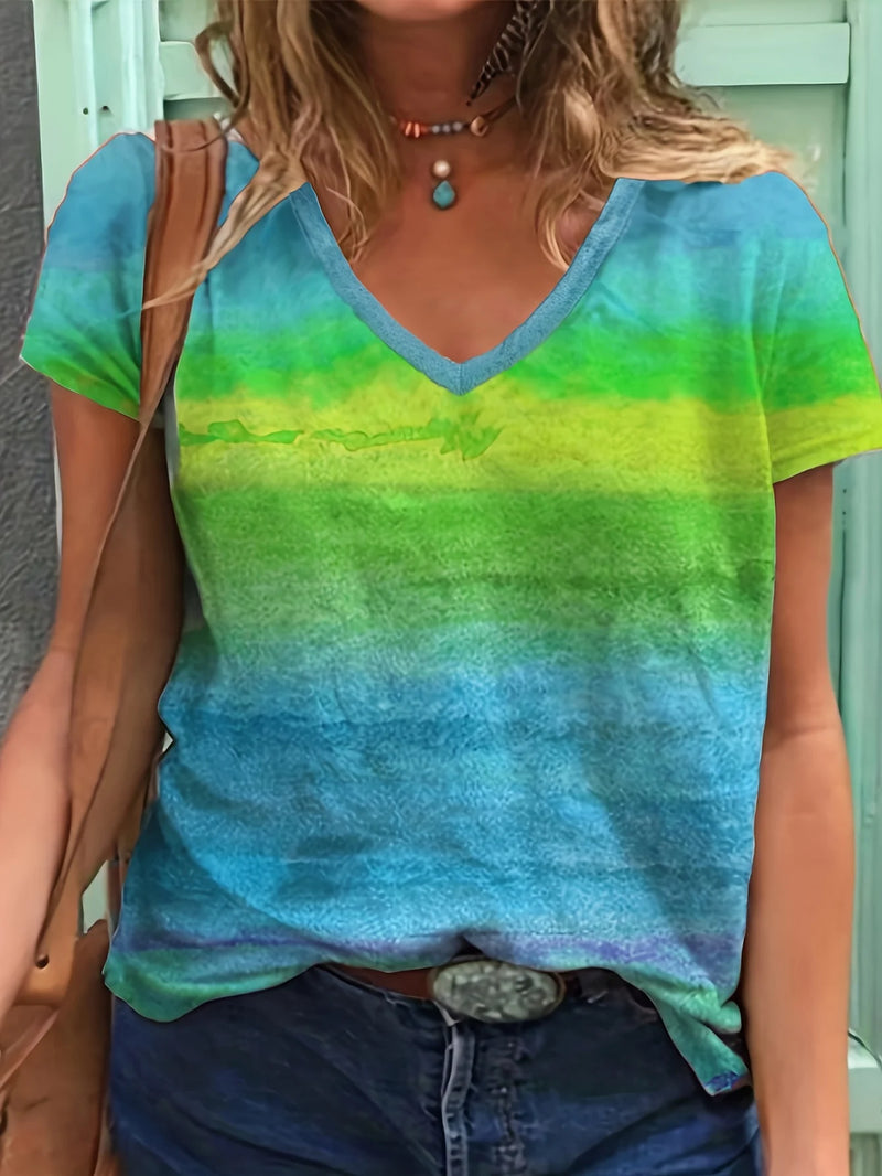 2024 New Style Women Rainbow Print Women's T-Shirt Cat Graphic Oversized T-Shirt Top Women Clothing Design Plus Size V Neck Tee