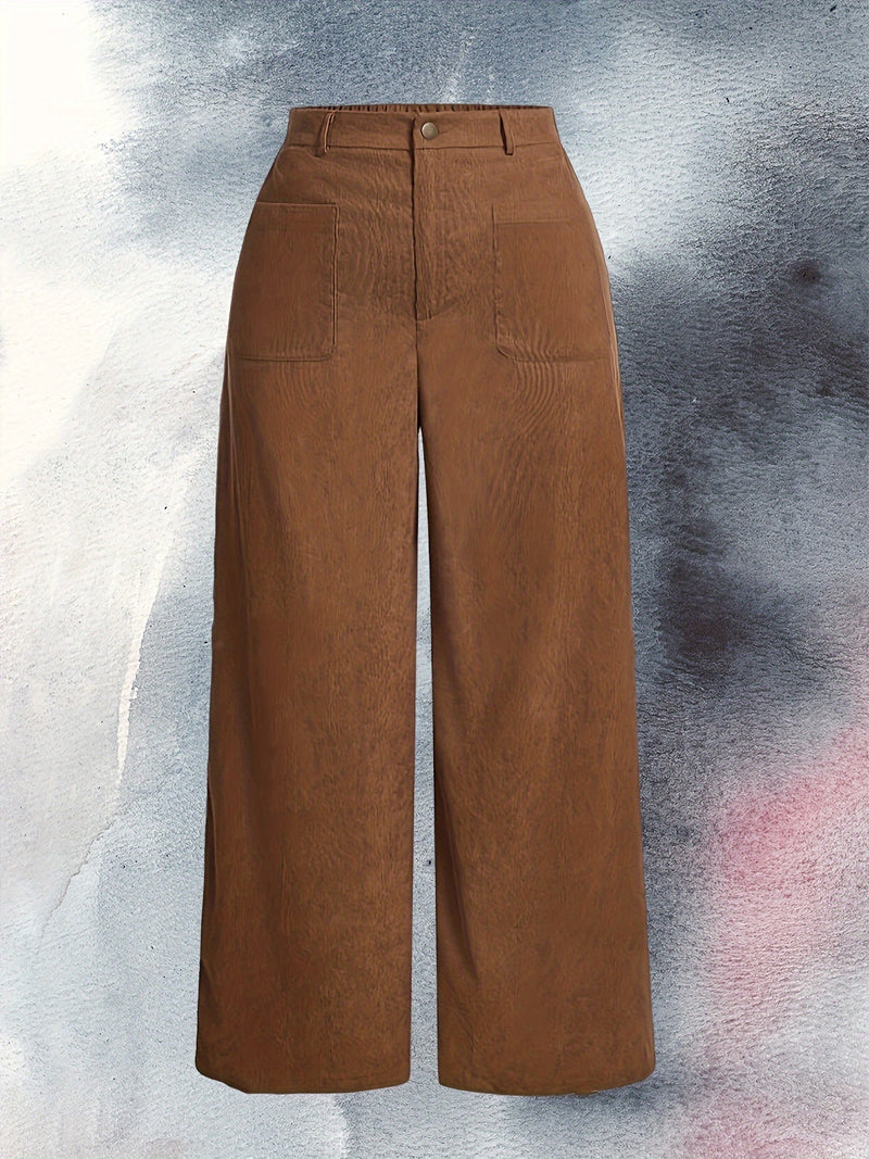 Plus Size Solid Color Corduroy Pants, Wide Leg Pocket Pants for Fall & Winter, Women's Casual Clothing
