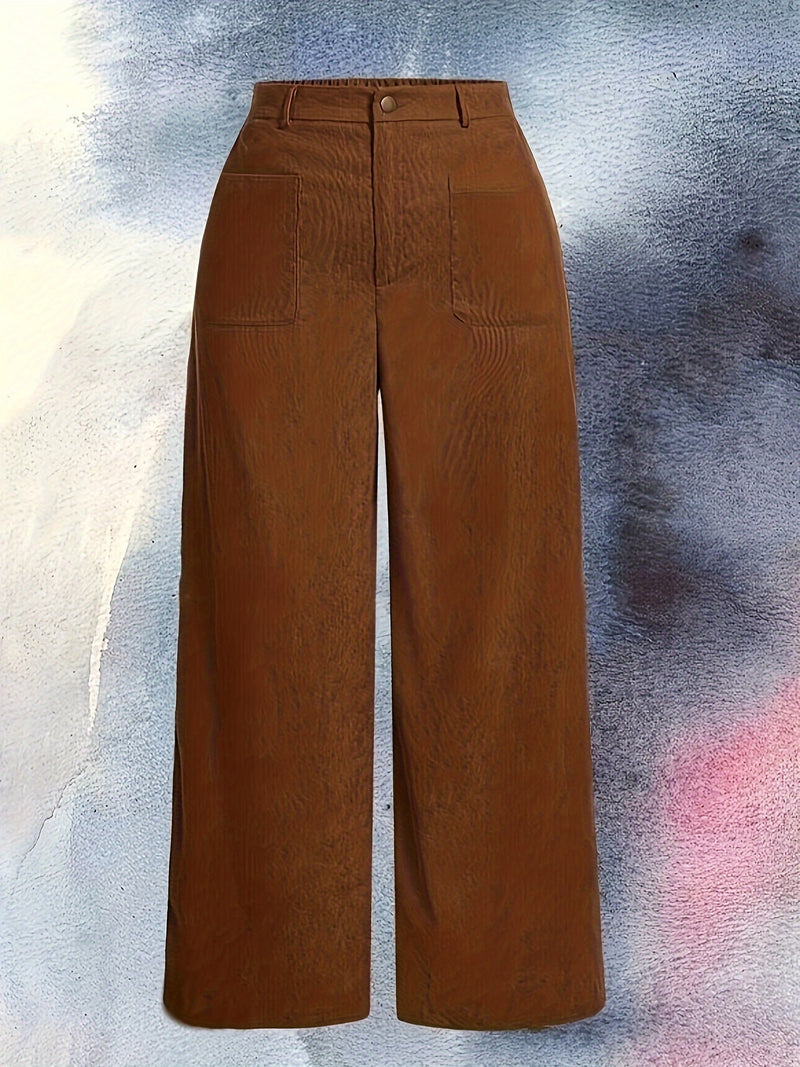 Plus Size Solid Color Corduroy Pants, Wide Leg Pocket Pants for Fall & Winter, Women's Casual Clothing