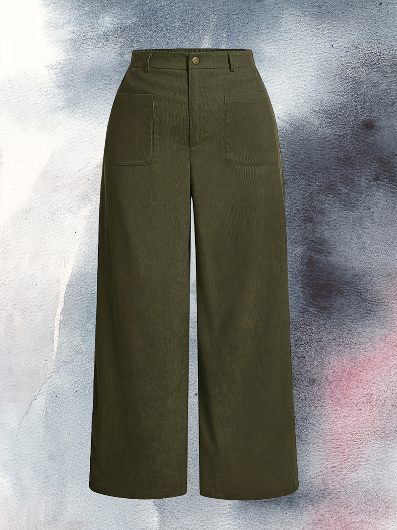 Plus Size Solid Color Corduroy Pants, Wide Leg Pocket Pants for Fall & Winter, Women's Casual Clothing