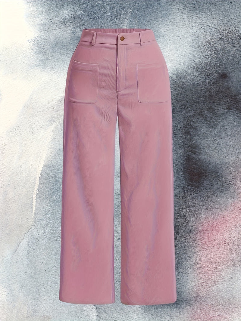 Plus Size Solid Color Corduroy Pants, Wide Leg Pocket Pants for Fall & Winter, Women's Casual Clothing