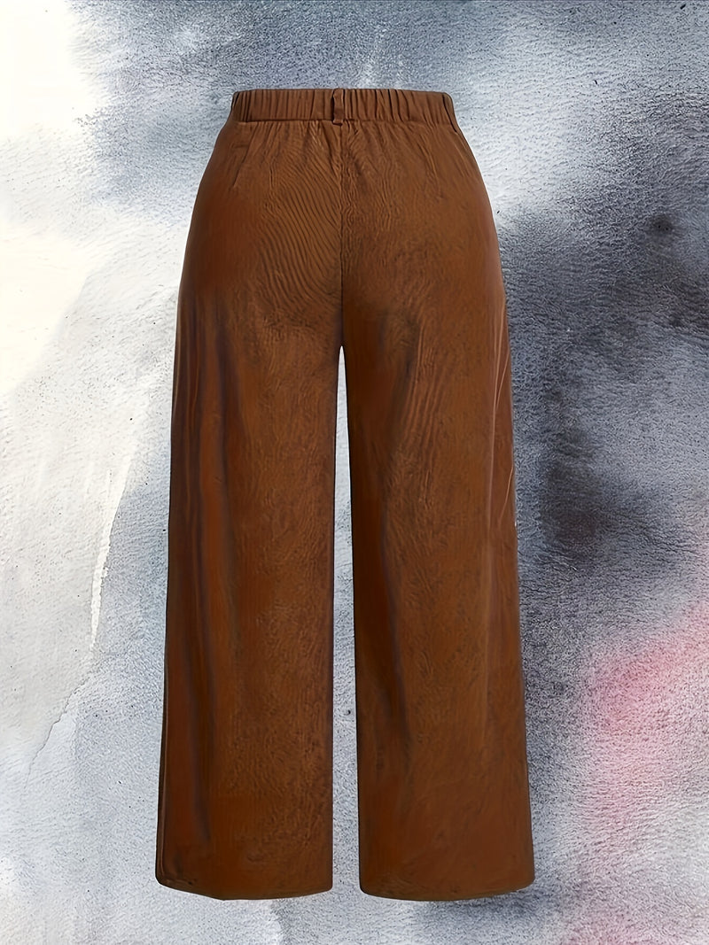 Plus Size Solid Color Corduroy Pants, Wide Leg Pocket Pants for Fall & Winter, Women's Casual Clothing