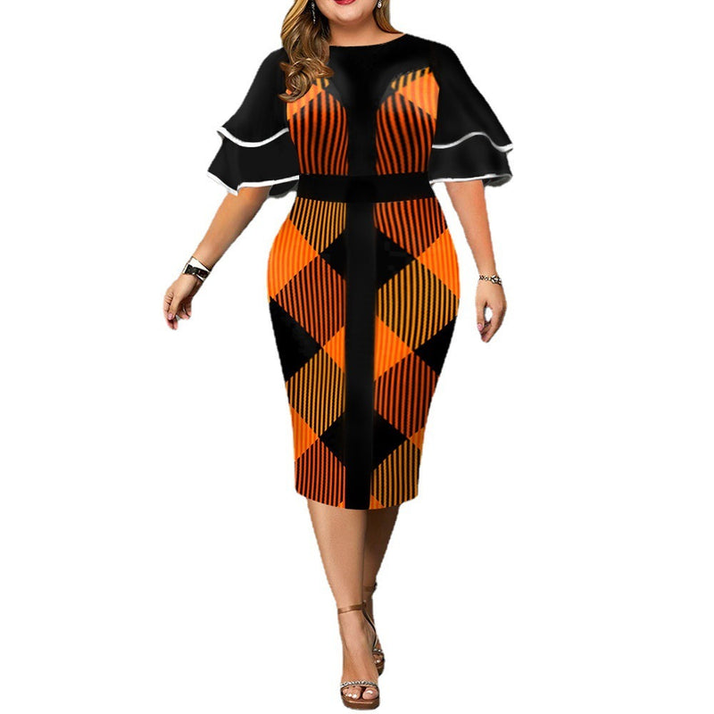 New Digital Positioning Printing Plaid Bag Hip Skirt Plus Size Women's Clothing