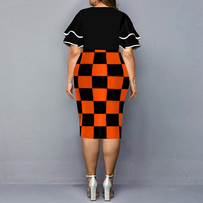 New Digital Positioning Printing Plaid Bag Hip Skirt Plus Size Women's Clothing