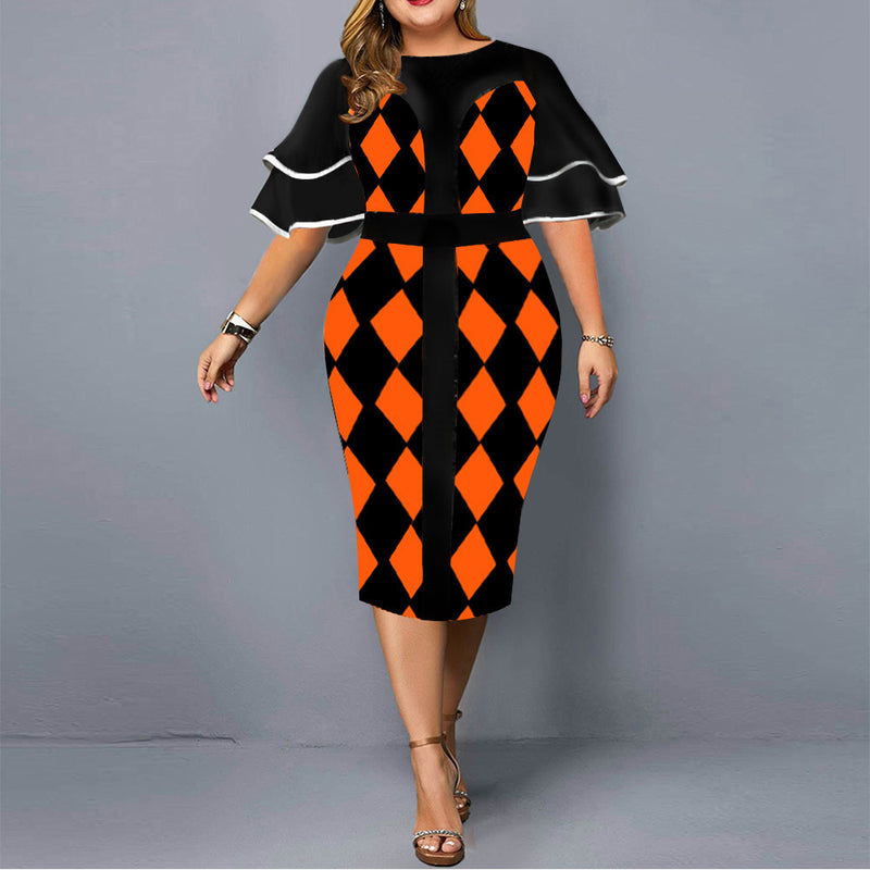 New Digital Positioning Printing Plaid Bag Hip Skirt Plus Size Women's Clothing