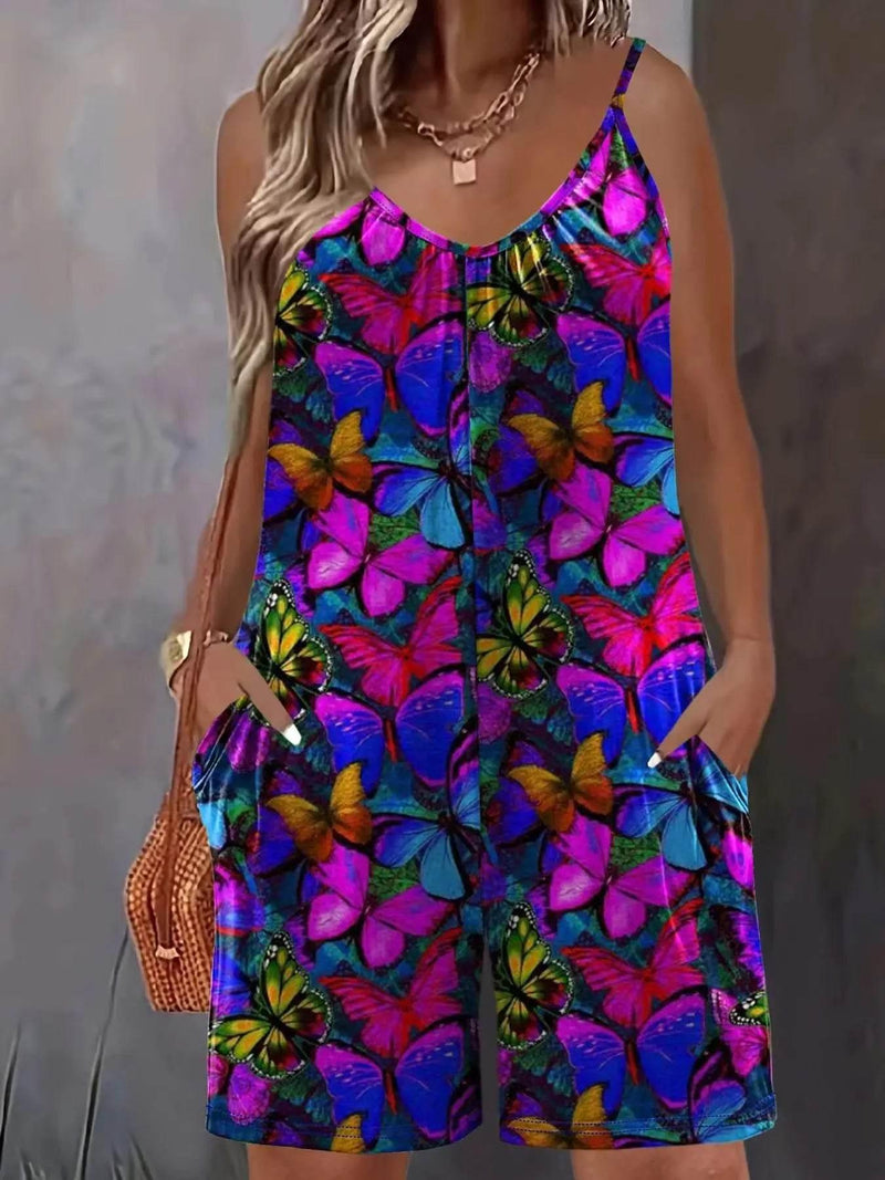 Plus Size Butterfly Print Slip Romper, Casual Sleeveless Pockets Romper, Women's Plus SizeClothing