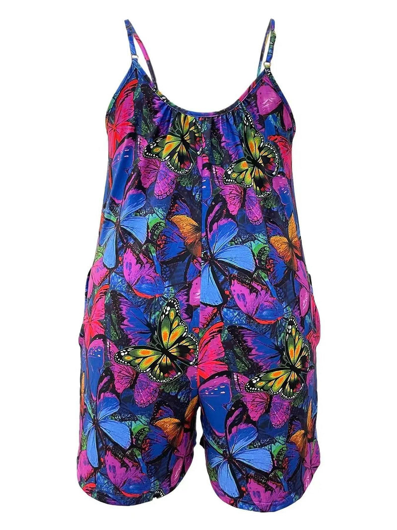 Plus Size Butterfly Print Slip Romper, Casual Sleeveless Pockets Romper, Women's Plus SizeClothing