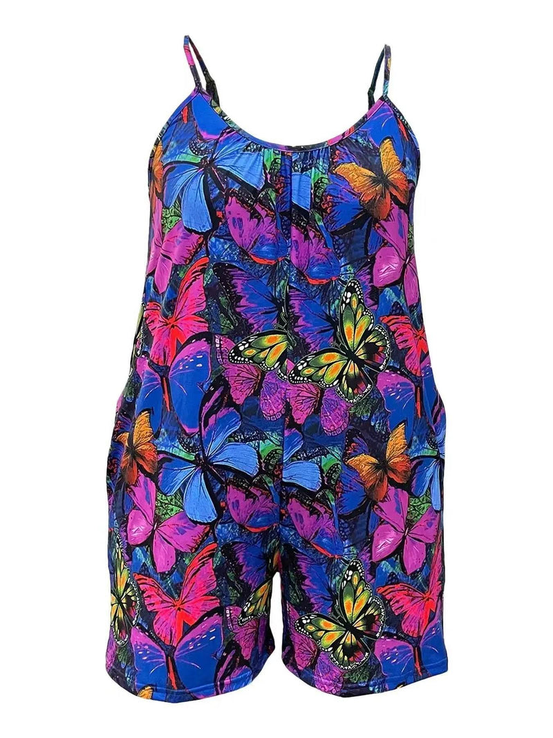 Plus Size Butterfly Print Slip Romper, Casual Sleeveless Pockets Romper, Women's Plus SizeClothing