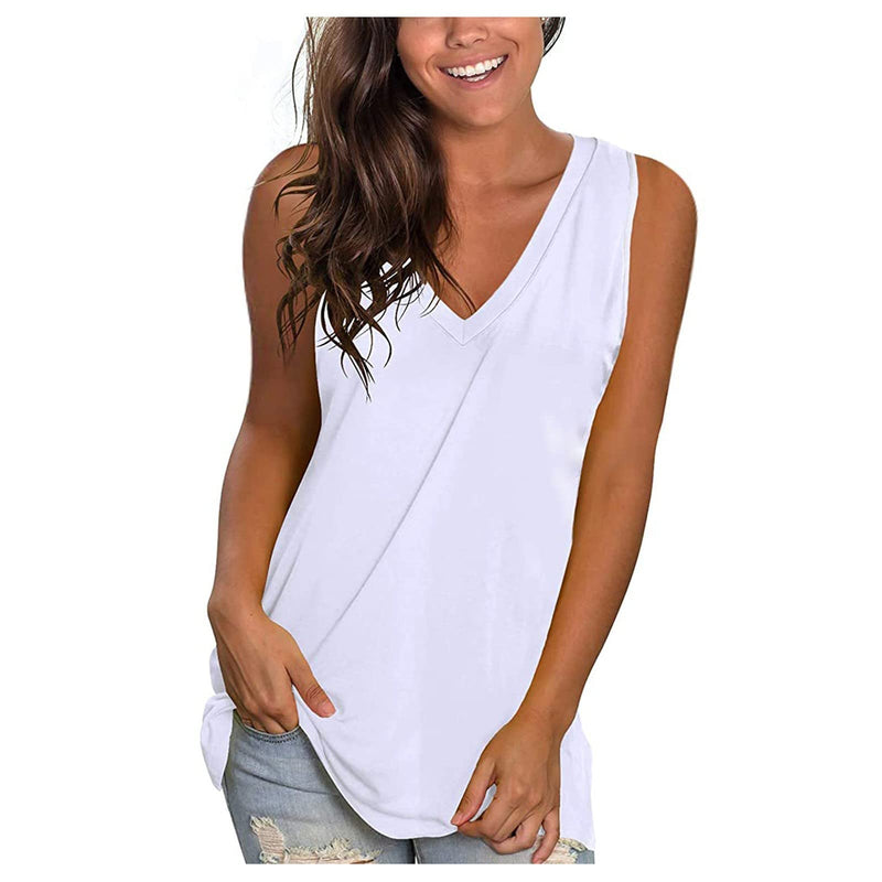 QACKNE Clearance and Sale Tank Tops for Women 2024 Casual V Neck Sleeveless Shirts Loose Fit Basic Workout T-Shirt Solid Summer Fashion Clothes Casual Tops for Women Plus Size