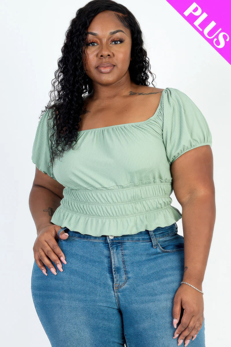 Stacey B's Plus size casual ruched puff sleeve ribbed knit solid top