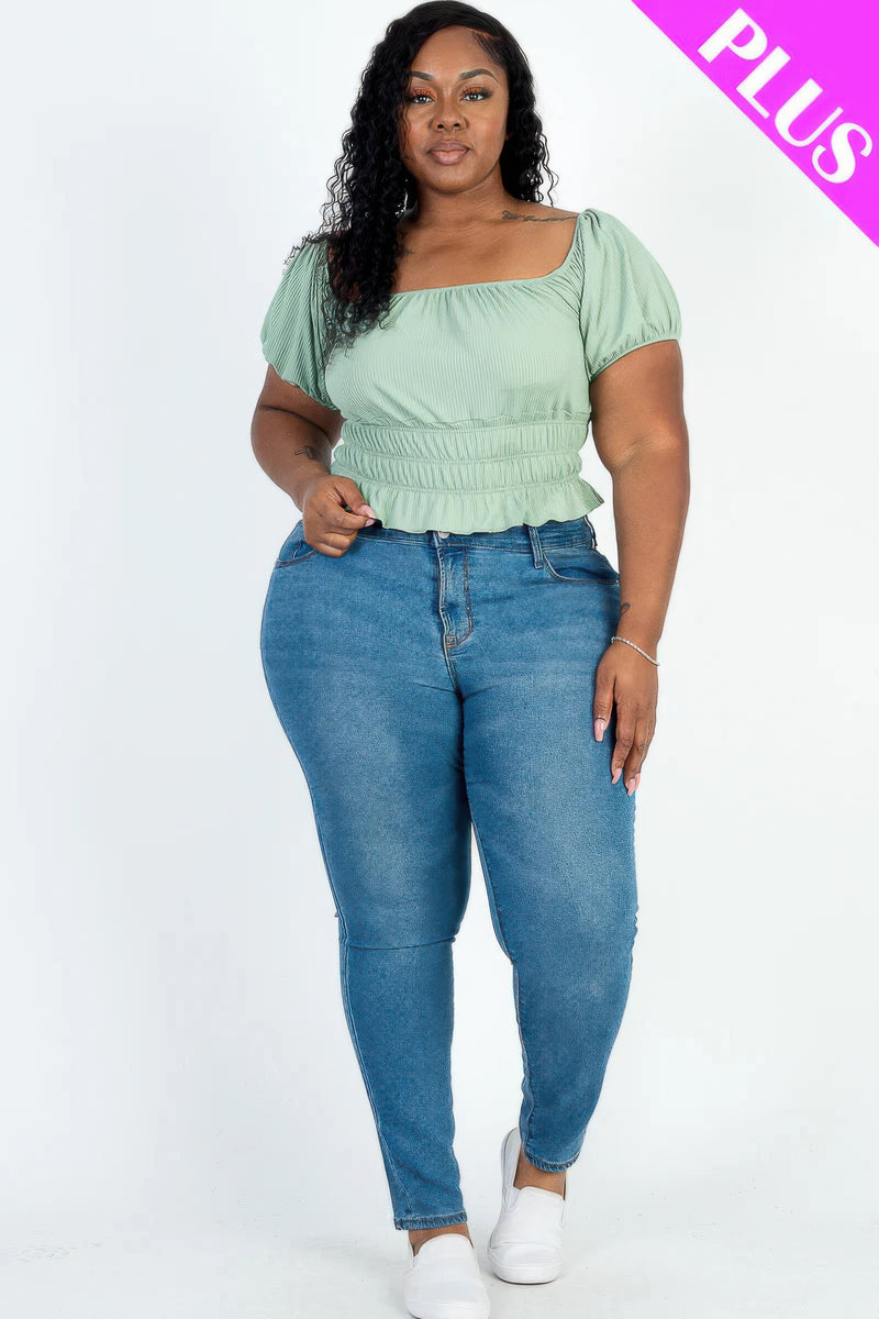 Stacey B's Plus size casual ruched puff sleeve ribbed knit solid top