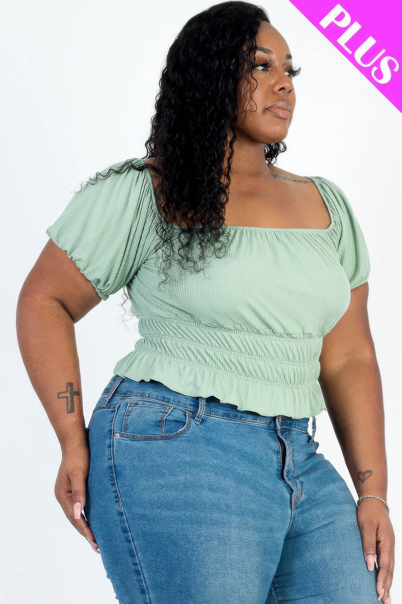 Stacey B's Plus size casual ruched puff sleeve ribbed knit solid top