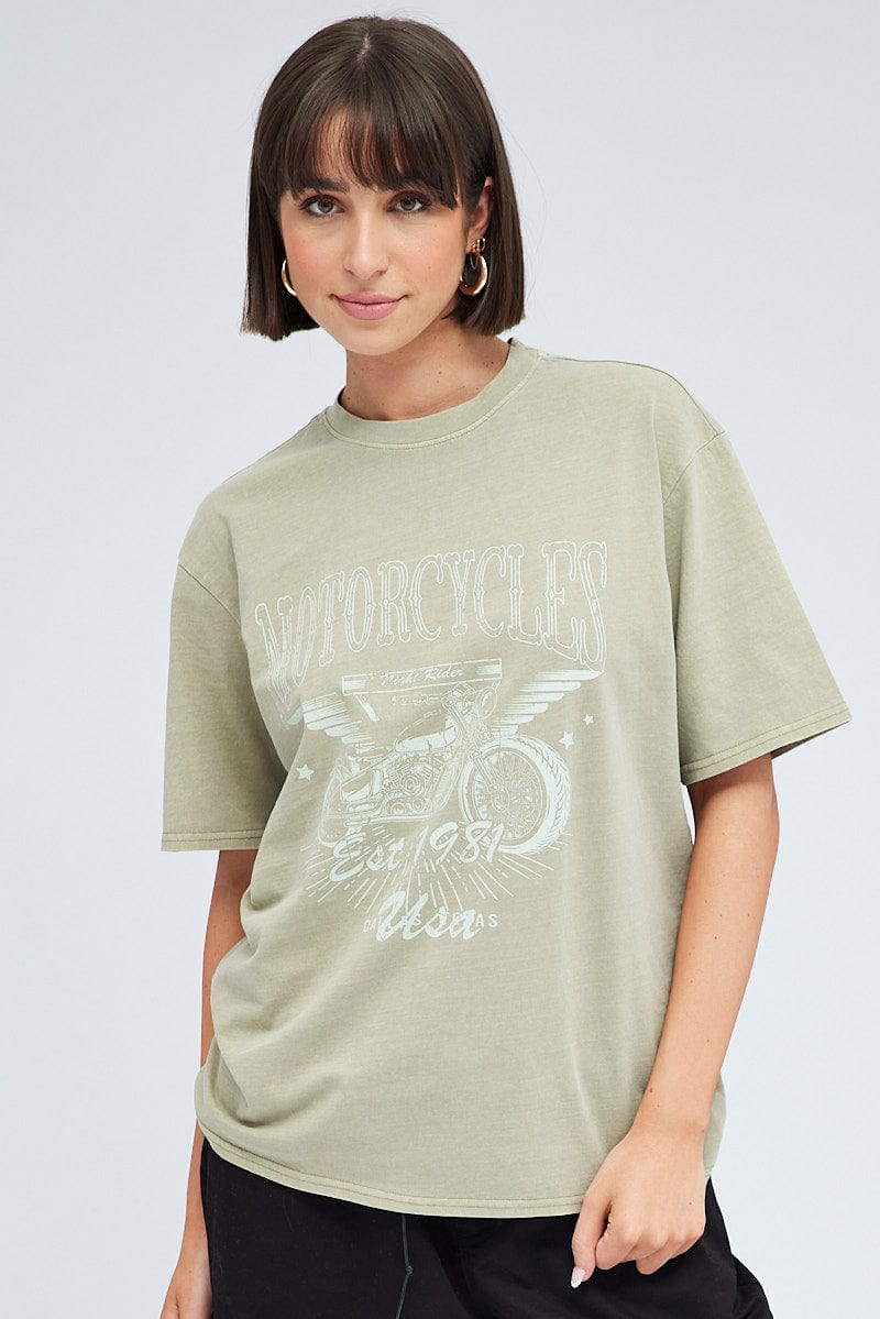 Green Graphic Tee Short Sleeve Round Neck