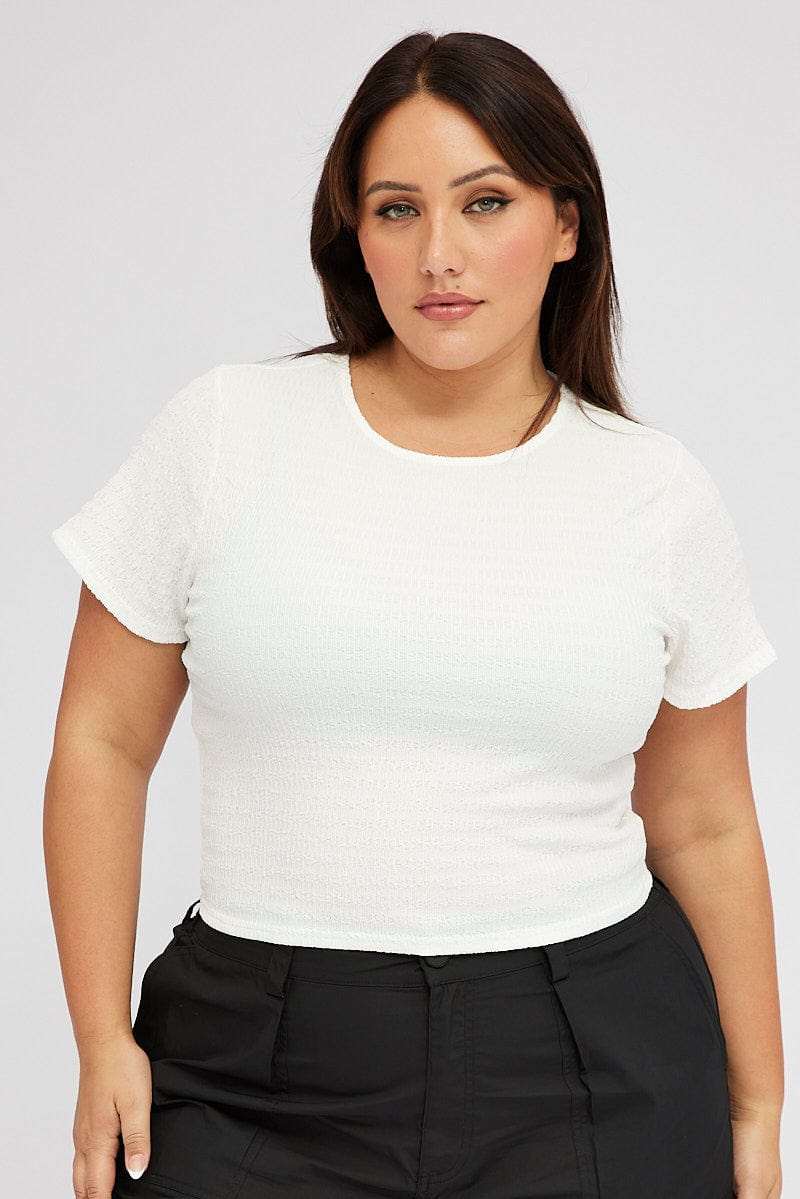 White Textured Top Short Sleeve Crew Neck
