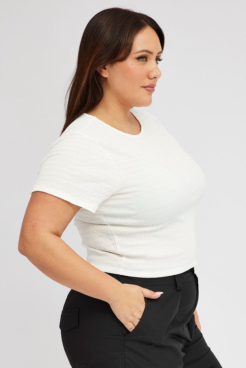 White Textured Top Short Sleeve Crew Neck