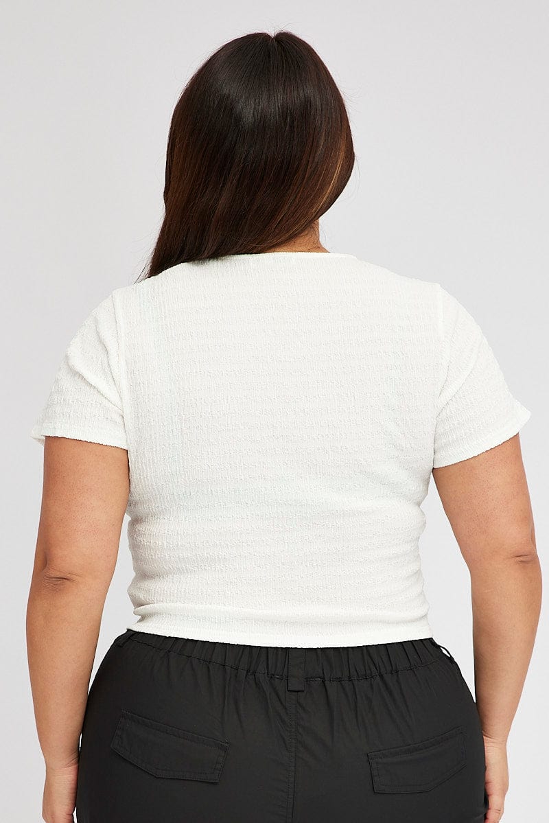 White Textured Top Short Sleeve Crew Neck