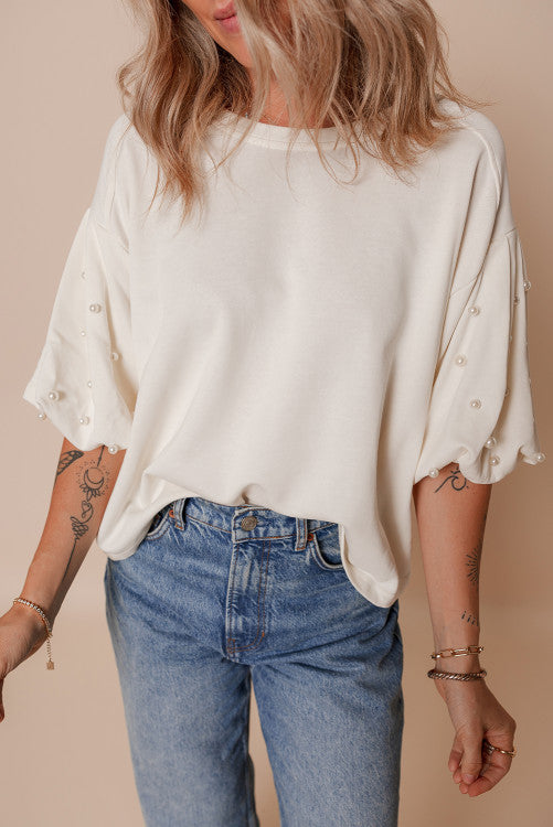 Pearl Embellished Puff Sleeve Shorter Length Top