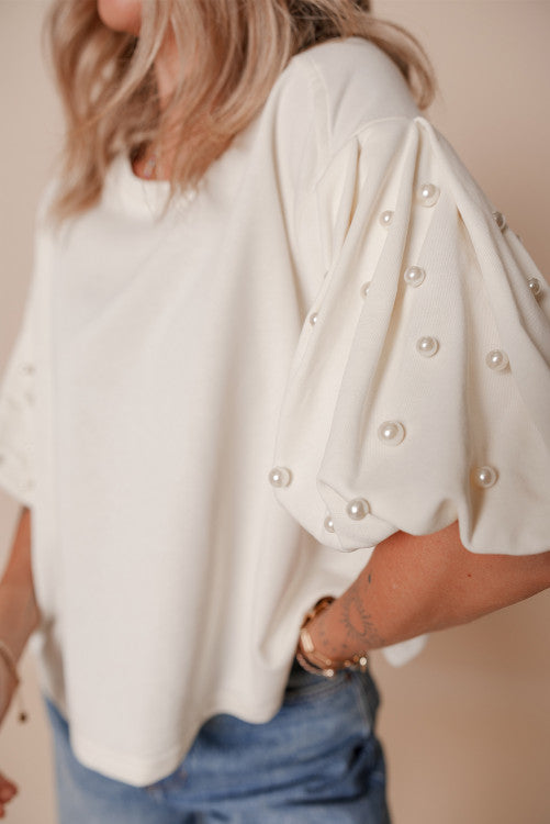 Pearl Embellished Puff Sleeve Shorter Length Top