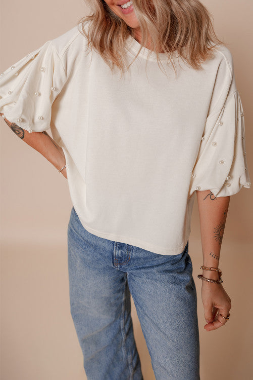 Pearl Embellished Puff Sleeve Shorter Length Top
