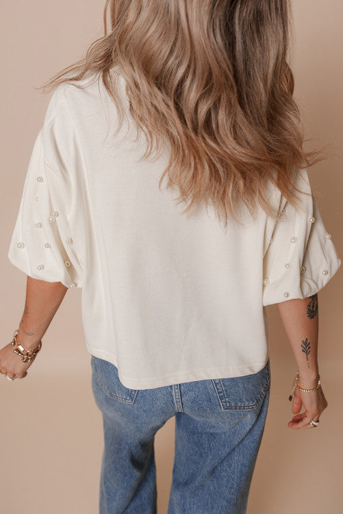 Pearl Embellished Puff Sleeve Shorter Length Top