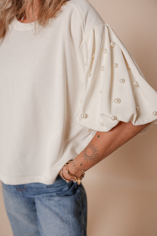 Pearl Embellished Puff Sleeve Shorter Length Top