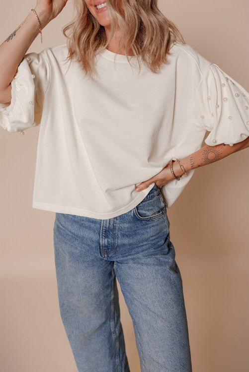 Pearl Embellished Puff Sleeve Shorter Length Top