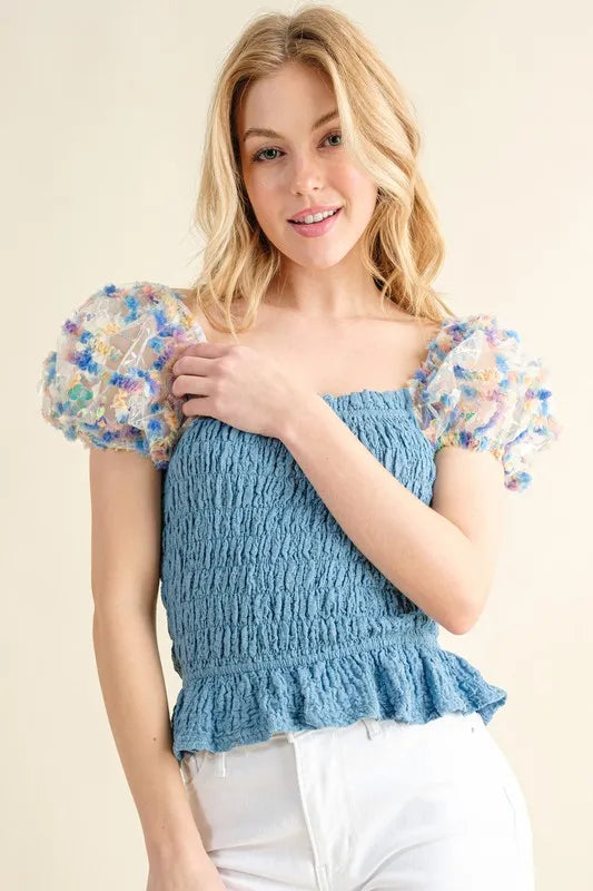 And The Why Falling For You Embellishment Sleeve Smocked Top in Blue