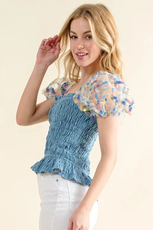 And The Why Falling For You Embellishment Sleeve Smocked Top in Blue