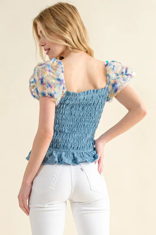 And The Why Falling For You Embellishment Sleeve Smocked Top in Blue