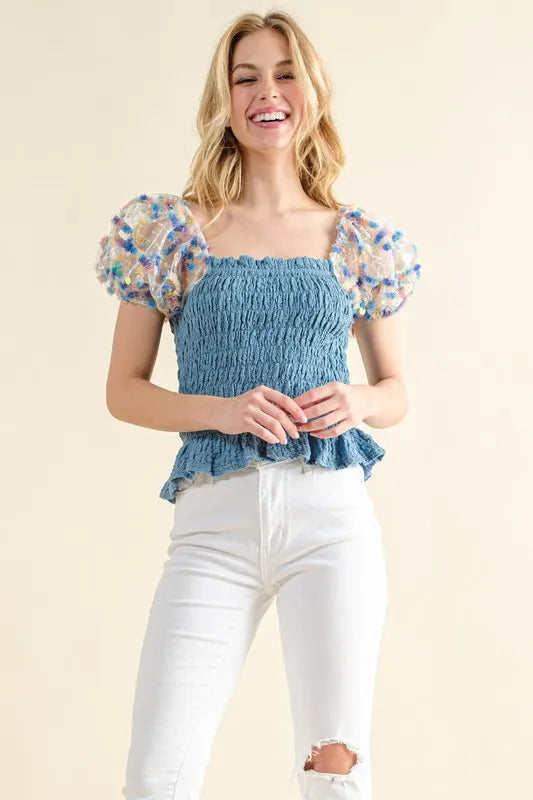 And The Why Falling For You Embellishment Sleeve Smocked Top in Blue
