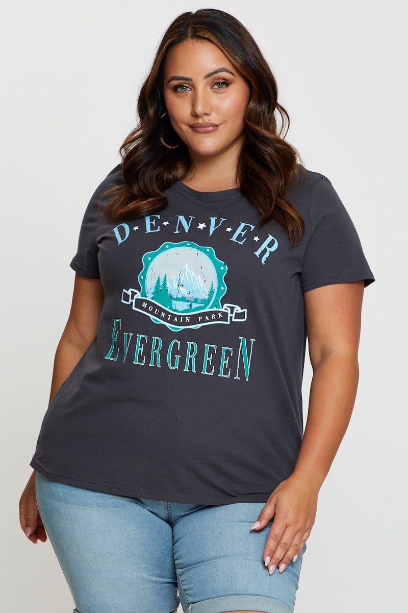 Grey Graphic T-shirt Denver Short Sleeve Cotton