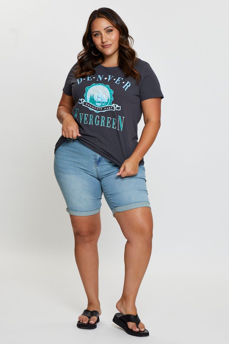 Grey Graphic T-shirt Denver Short Sleeve Cotton