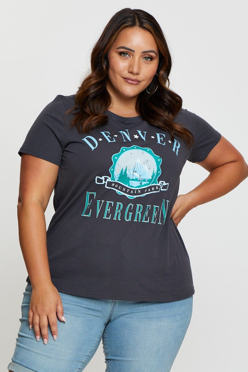 Grey Graphic T-shirt Denver Short Sleeve Cotton