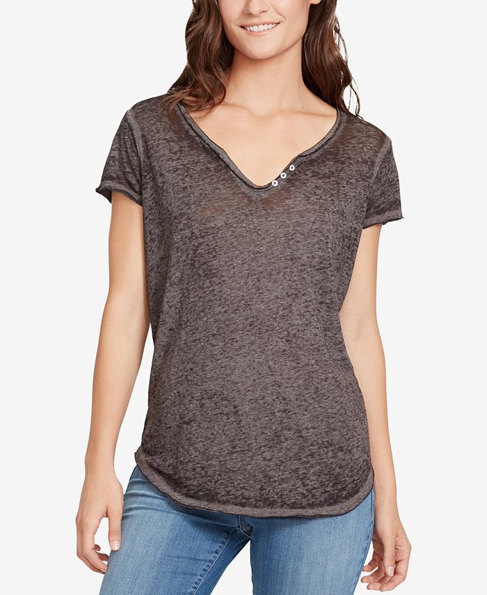 William Rast Womens Gray Embellished Short Sleeve Scoop Neck Top - Size S