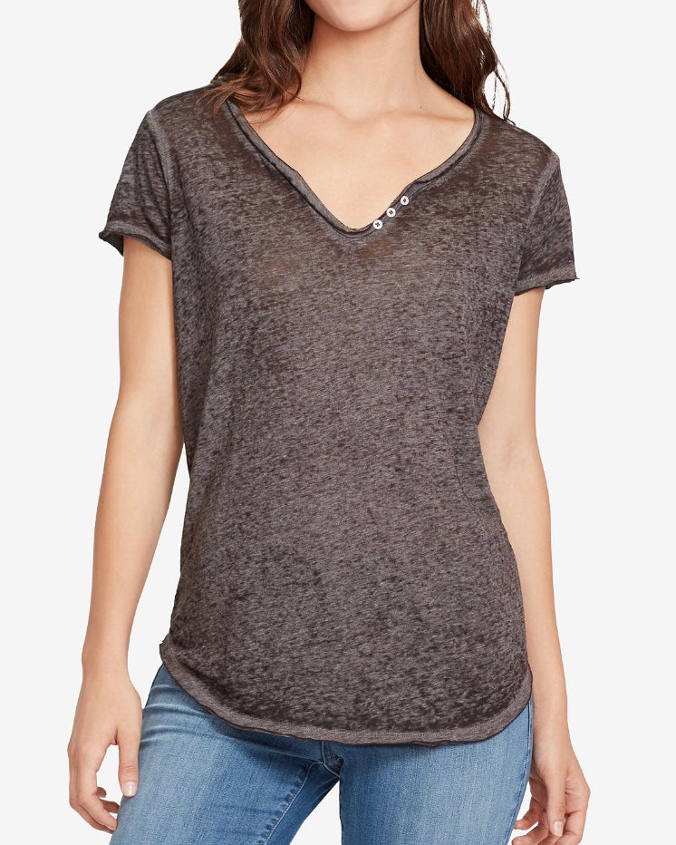 William Rast Womens Gray Embellished Short Sleeve Scoop Neck Top - Size S