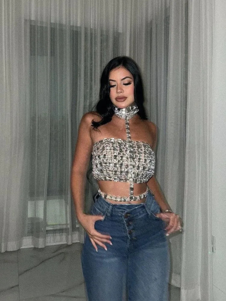 Sexy Bandage Halter Top - Crystal Embellished Bodycon, Celebrity Fashion Nightclub & Red Carpet Party Wear