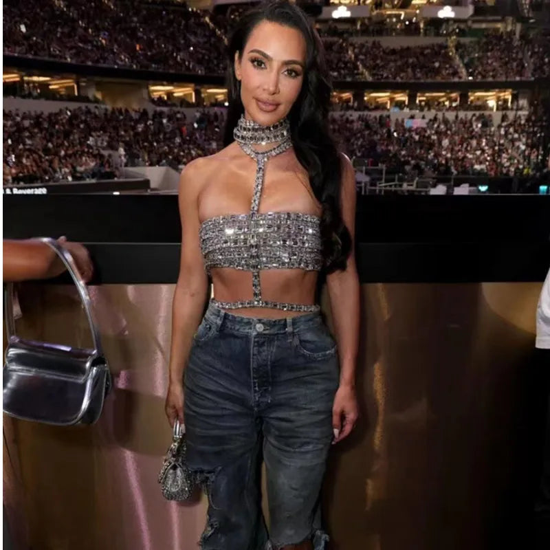 Sexy Bandage Halter Top - Crystal Embellished Bodycon, Celebrity Fashion Nightclub & Red Carpet Party Wear