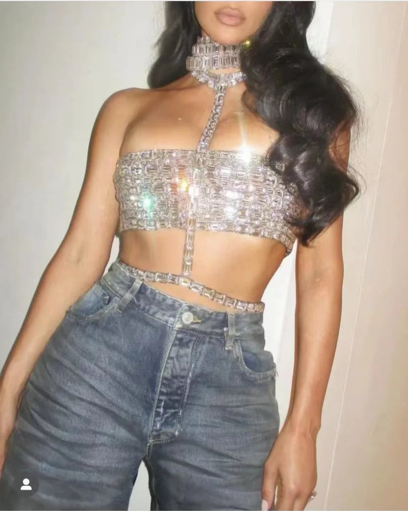 Sexy Bandage Halter Top - Crystal Embellished Bodycon, Celebrity Fashion Nightclub & Red Carpet Party Wear