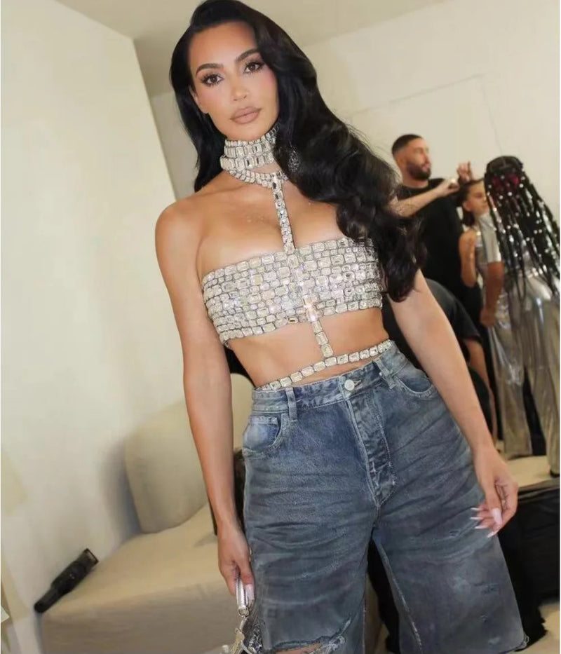 Sexy Bandage Halter Top - Crystal Embellished Bodycon, Celebrity Fashion Nightclub & Red Carpet Party Wear