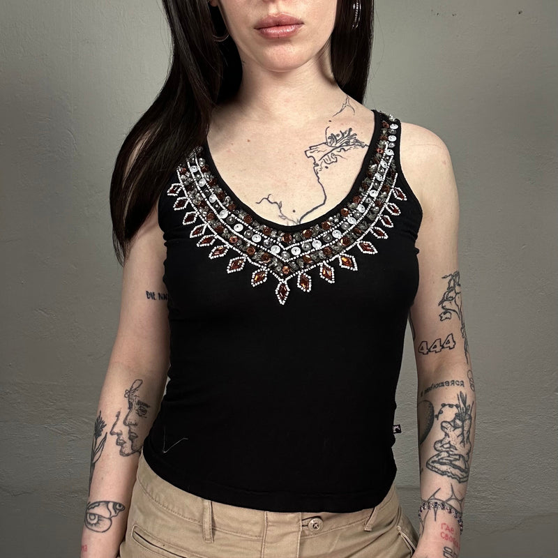 Vintage 90’s Boho Black Embellished Tank Top with Bead Detail (S)