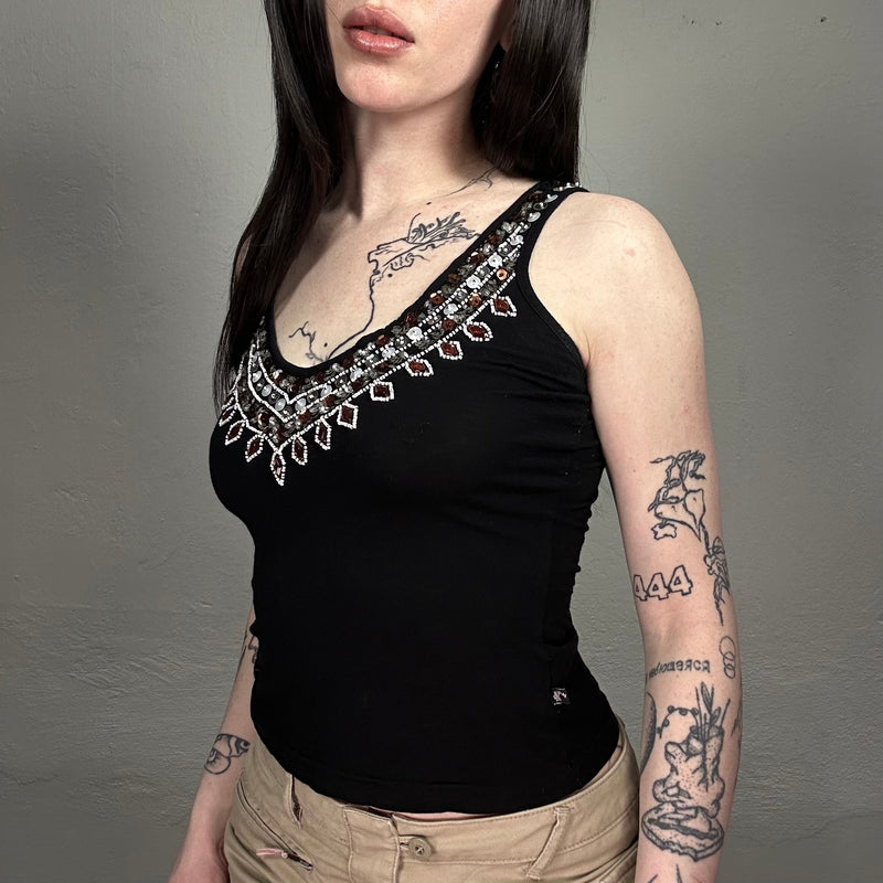 Vintage 90’s Boho Black Embellished Tank Top with Bead Detail (S)