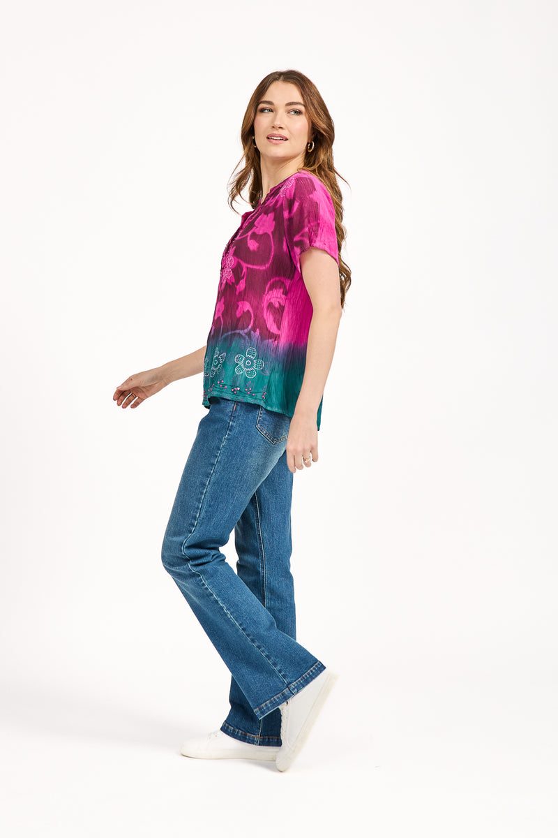Tie Dye Embellished Flower Print Top