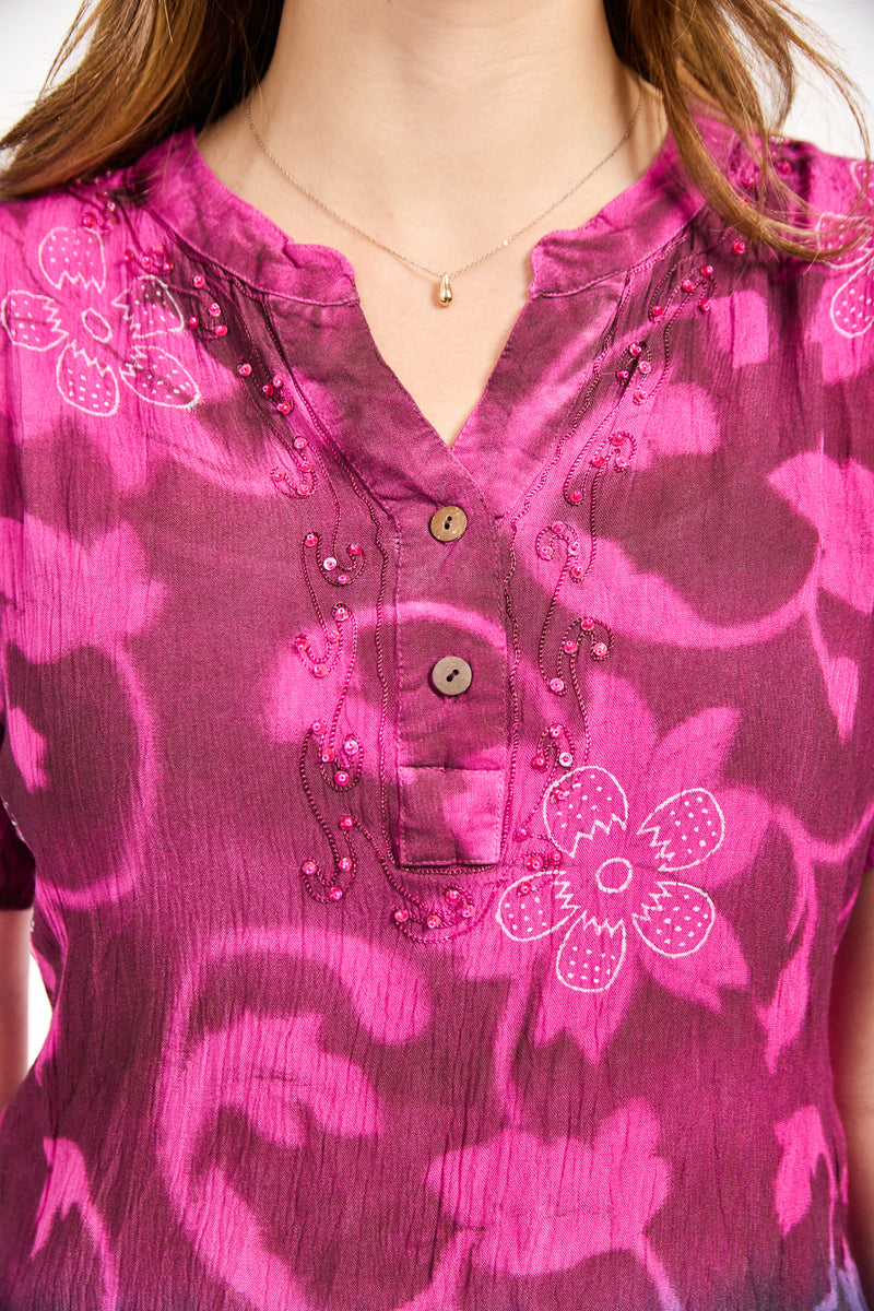 Tie Dye Embellished Flower Print Top