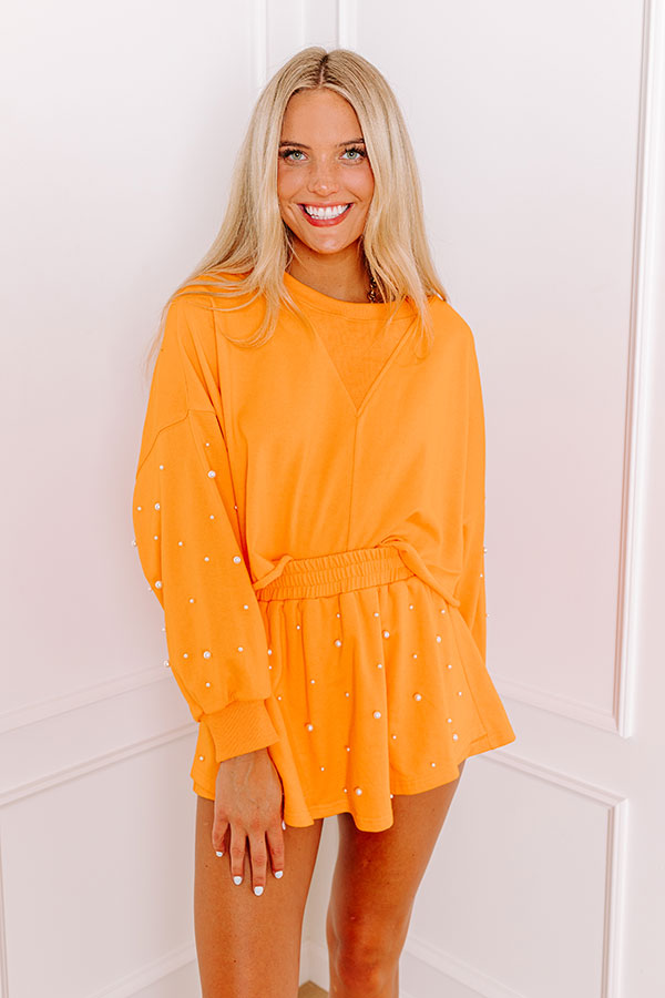 Sideline Chic Pearl Embellished Crop Sweatshirt in Orange