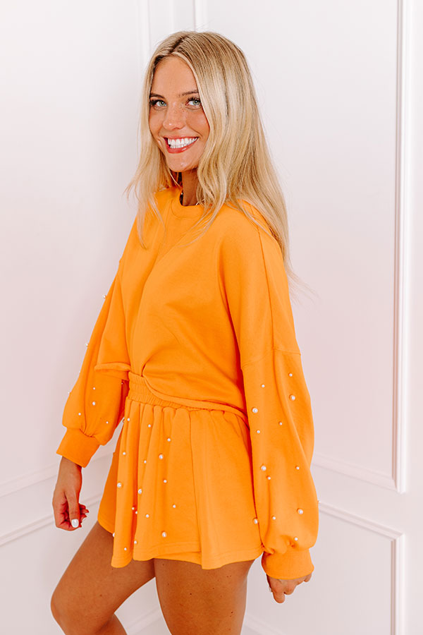 Sideline Chic Pearl Embellished Crop Sweatshirt in Orange